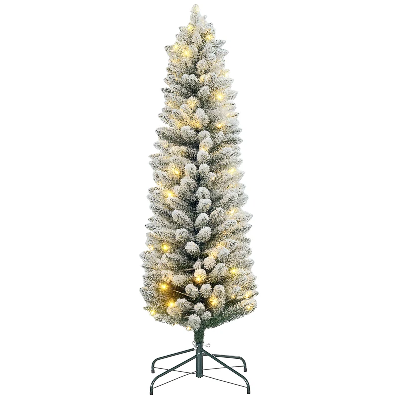 HOMCOM 5ft Artificial Prelit Christmas Tree with Warm White LED Light, Snow Flocked Branches, Metal Base, Pencil Xmas Tree