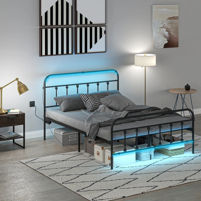 HOMCOM Full Bed Frame with LED Lights and Charging Station, Metal Platform Bed Frame with Under Bed Storage, Black