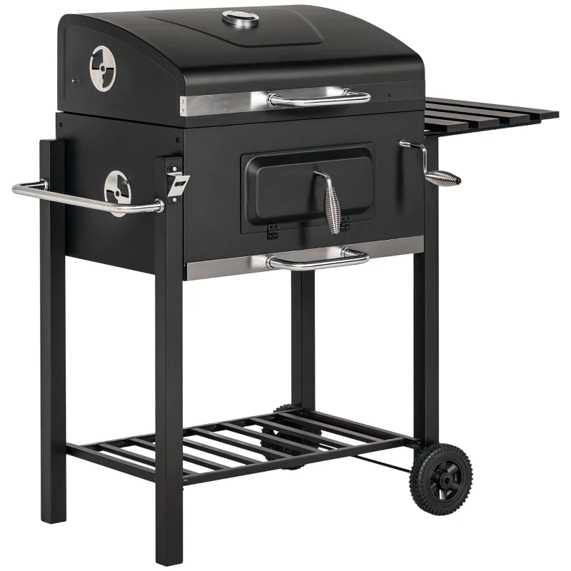 Outsunny BBQ Trolley Charcoal Grill Portable Stainless Steel Barbecue Tool Kits w/ Wheels Side Shelf for Camping Hiking Picnic