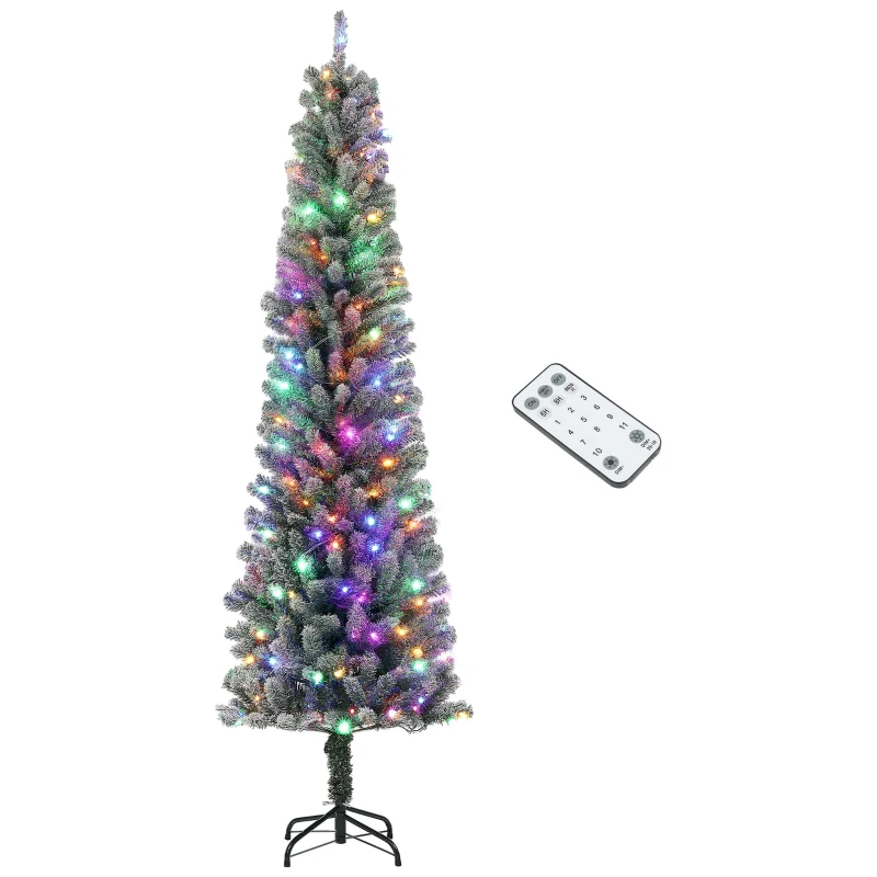HOMCOM 7.5ft Prelit Pencil Artificial Christmas Tree, Flocked Xmas Tree with Remote, Dual Colour LEDs, 519 Tips, Metal Stand