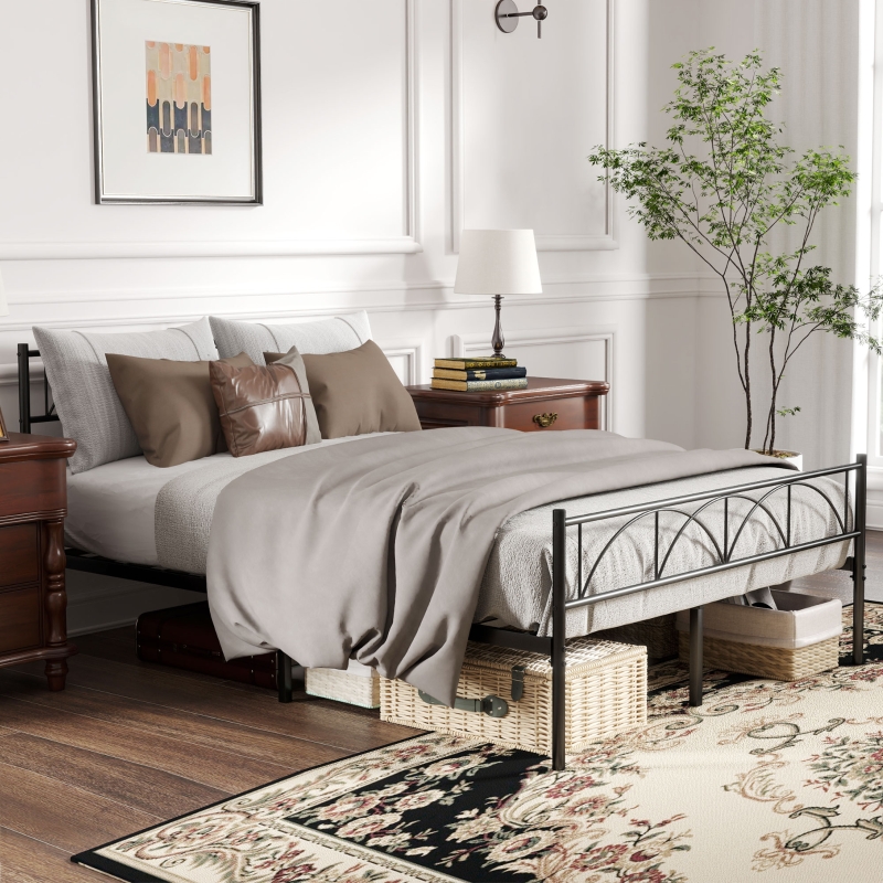 HOMCOM Metal Full Platform Bed Frame with Headboard, Steel Slat Support, Underbed Storage, No Box Spring Needed, Easy Assembly