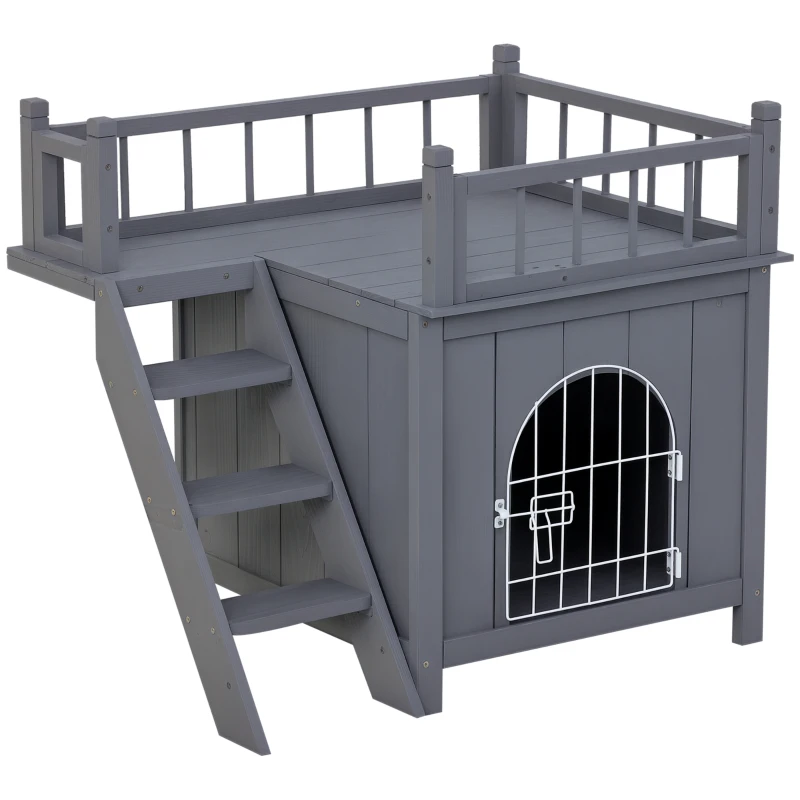 PawHut 2-Story Pet House for Cats Miniature Sized Dogs, Wooden Kitten Shelter with Enclosure, Balcony, Lockable Gate, Stairs, Grey
