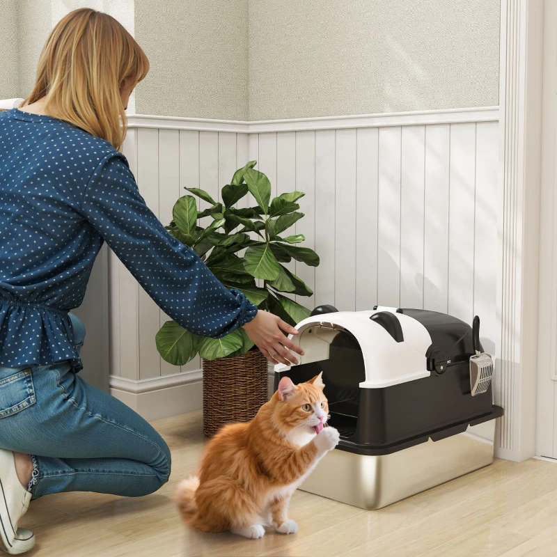 PawHut Panda Style XL Stainless Steel Cat Litter Box with Lid, Enclosed Kitty Litter Box with Scoop, 23.7" x 15.9" x 17.6"