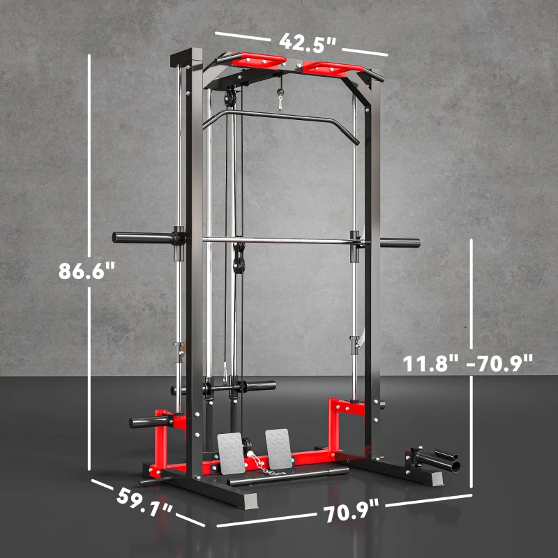 Soozier Smith Machine Power Rack with Pull Up Bar, Lat Pull Down System, Landmine, Squat Rack, Barbell Bar, for Home Gym