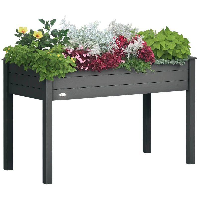 Outsunny 48" x 22" x 30" Wooden Patio Raised Garden Bed Planter, Elevated Planter Box with Legs, Outdoor Flower Stand with Inner Bag, Dark Grey