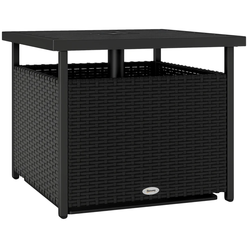 Outsunny 21.75" Outdoor Rattan Wicker Patio Coffee Table with Umbrella Hole, Patio Side Table with Slatted Metal Top, Black