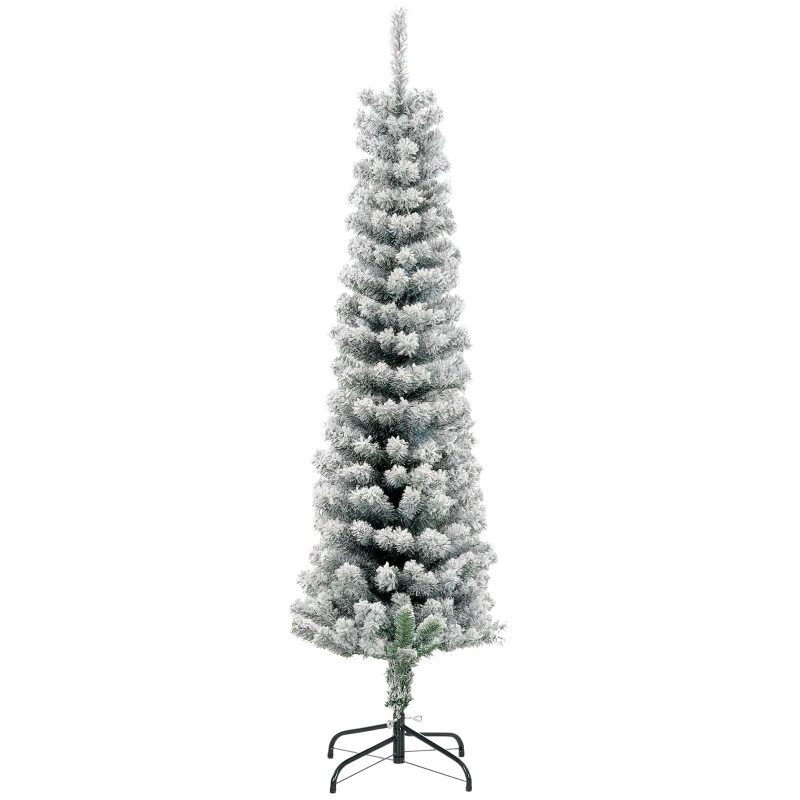 HOMCOM 5ft Flocked Christmas Tree, Pencil Christmas Tree with Realistic Branch Tips, Folding Metal Stand, Green