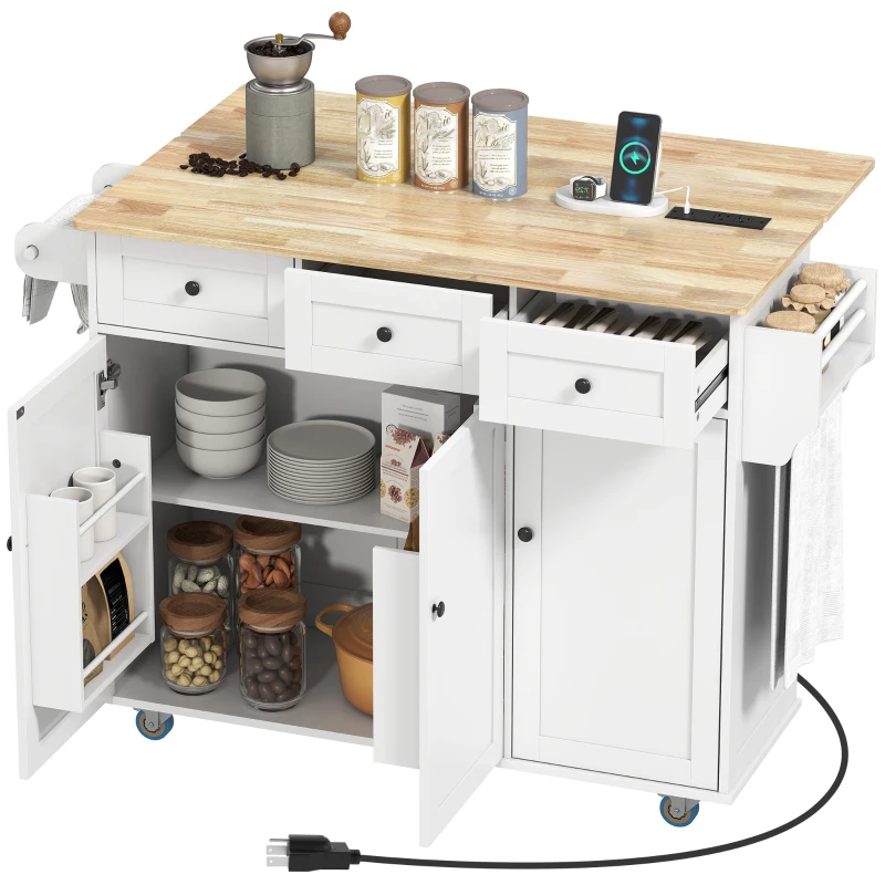 HOMCOM Kitchen Island on Wheels with Drop Leaf, Charging Station, Rolling Kitchen Cart with Wood Top, Adjustable Shelf, White