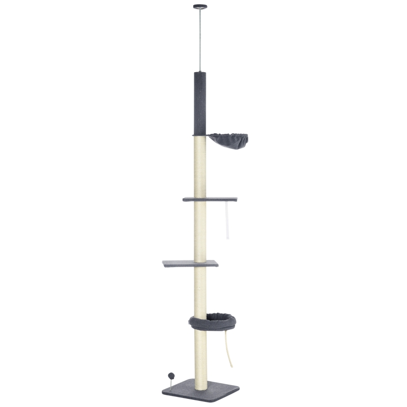 PawHut Floor To Ceiling Cat Tree, 5-Tier Cat Climbing Tower, 95''-106'' Height Adjustable with Carpeted Platforms, Cozy Bed, Hammock, Scratching Post & Toy Ball for Indoor Cats, Dark Gray and Cream