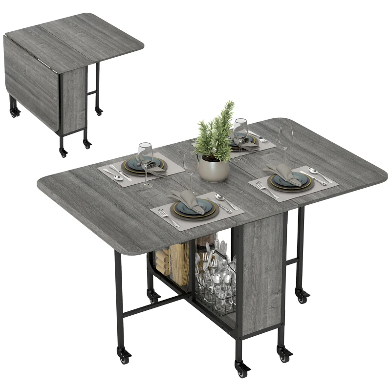 HOMCOM Folding Dining Table, Extendable Kitchen Table for Small Spaces with Storage Shelf and 6 Wheels, Distressed Grey
