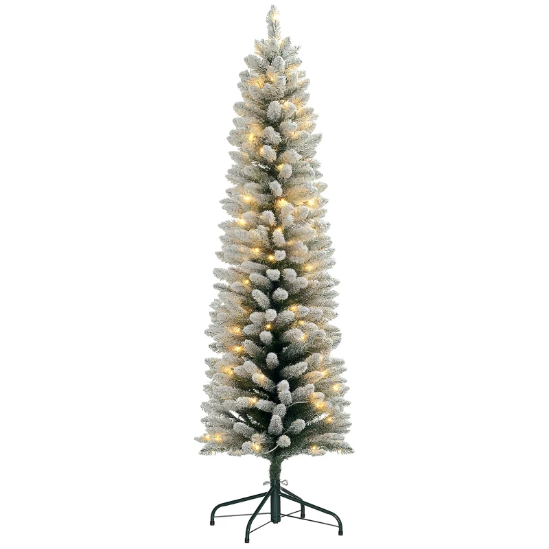 HOMCOM 6ft Artificial Prelit Christmas Tree with Warm White LED Light, Snow Flocked Branches, Metal Base, Pencil Xmas Tree