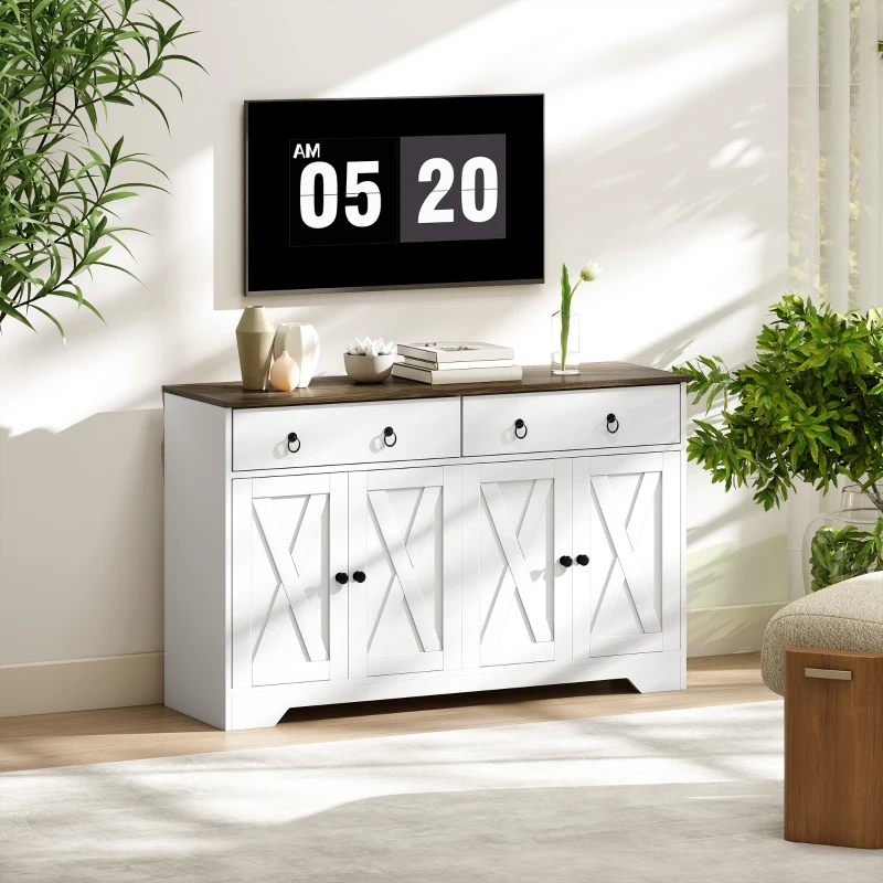 HOMCOM Kitchen Sideboard Cabinet with 2 Drawers, 4 Barn Doors and 2 Adjustable Shelves, Buffet Table for Living Room, White