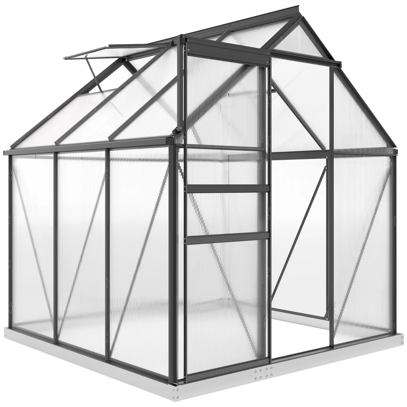 Outsunny 6' x 6' x 6.5' Polycarbonate Greenhouse, Walk-in Green House with Adjustable Roof Vent Galvanized Base Sliding Door Rain Gutter for Outdoor Garden Backyard, Grey