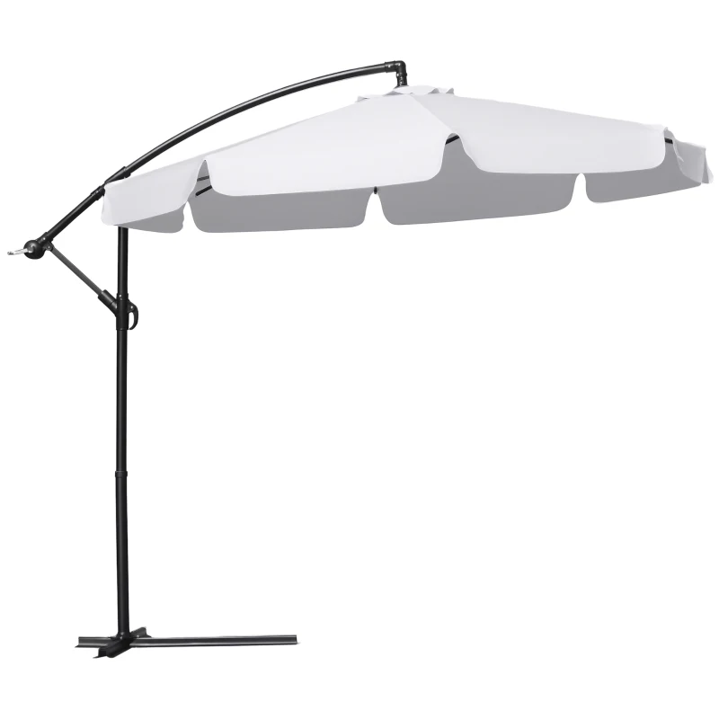 Outsunny 9FT Offset Hanging Patio Umbrella Cantilever Umbrella with Easy Tilt Adjustment, Cross Base and 8 Ribs for Backyard, Poolside, Lawn and Garden, White