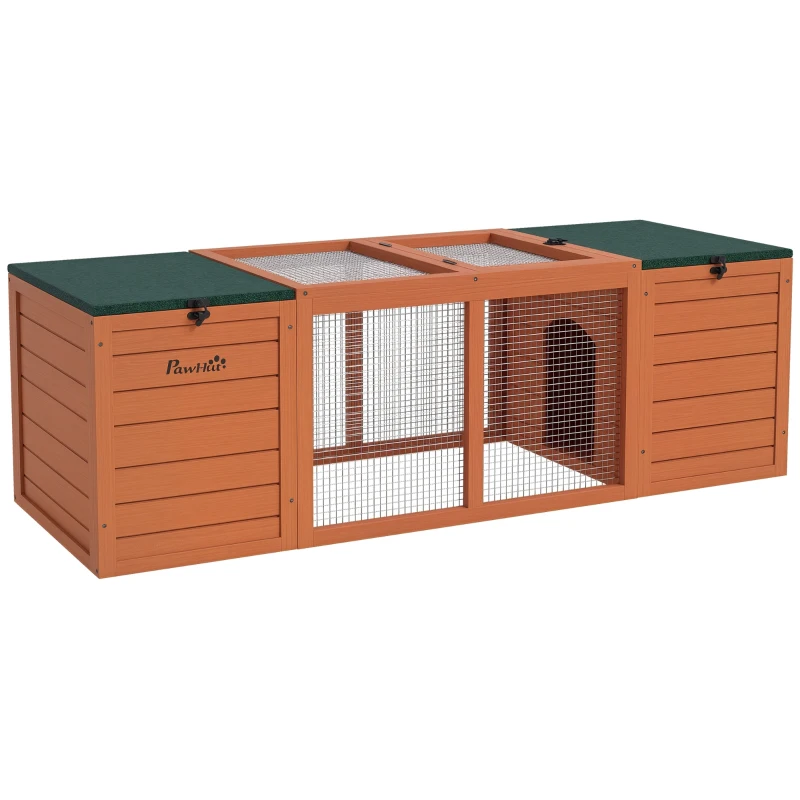 PawHut Outdoor Rabbit Cage Wooden Rabbit Hutch with Double Main House, Openable Tops, Asphalt Roofs for 1-2 Rabbits, Orange
