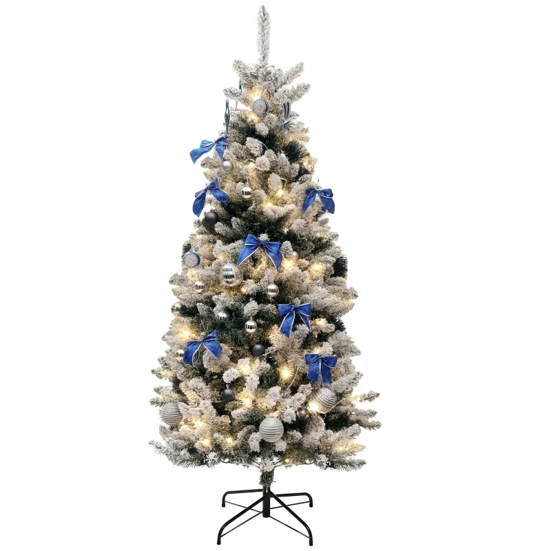 HOMCOM 6ft Prelit Artificial Christmas Tree with Blue Ornaments, Flocked Christmas Tree with LED Lights for Home Office