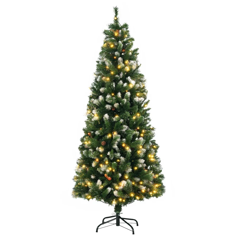 HOMCOM 6' Decorated Christmas Trees, Skinny Prelit Artificial Christmas Tree with Snow-dipped Branches, Auto Open, Pinecones