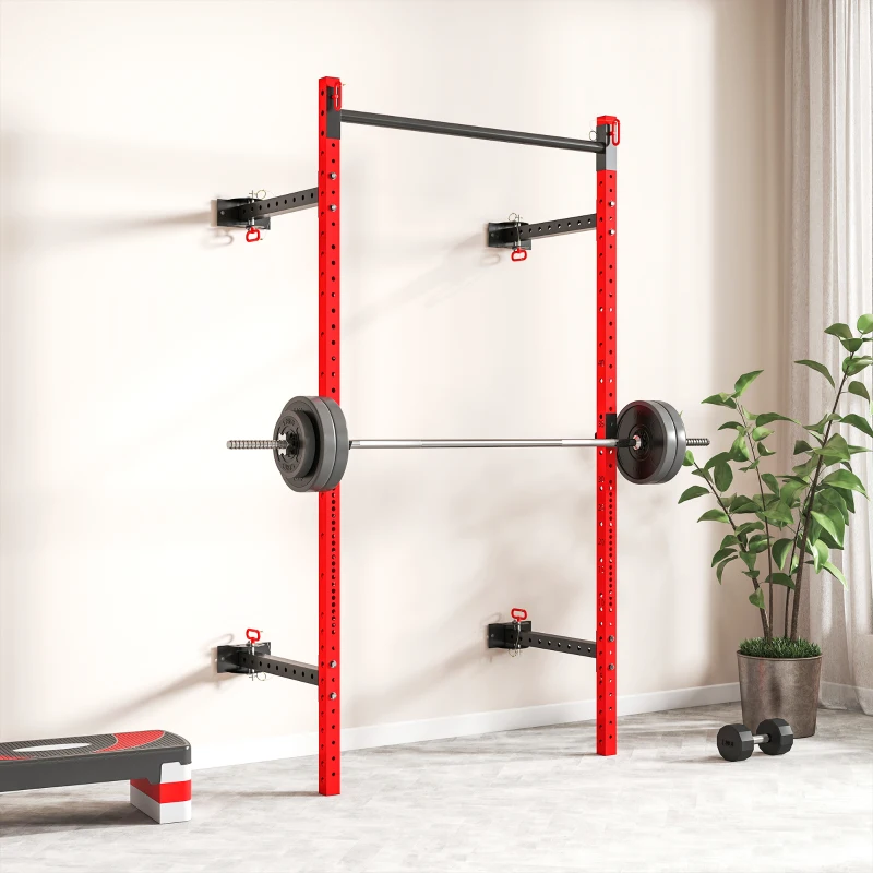 Soozier Folding Squat Rack with Pull Up Bar, Wall Mounted and Adjustable, 1000 Pounds Capacity Power Rack, Red