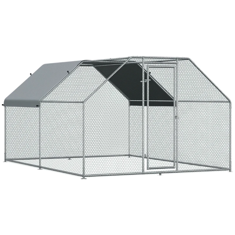 PawHut 9.2' x 12.5' Metal Chicken Coop, Galvanized Walk-in Hen House, Poultry Cage Outdoor Backyard with Waterproof UV-Protection Cover for Rabbits, Ducks