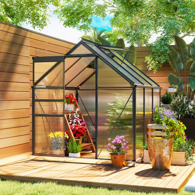 Outsunny 6' x 6' x 6.5' Polycarbonate Greenhouse, Walk-in Green House with Adjustable Roof Vent, Galvanized Base, Sliding Door and Rain Gutter for Outdoor, Garden, Backyard, Grey