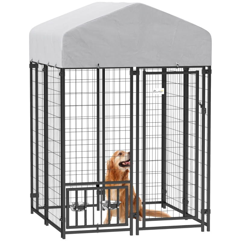 PawHut Welded Wire Outdoor Dog Kennel with 360° Rotating & 4 Levels Adjustable Bowls, Waterproof Cover, 3.9' x 3.9' x 6'