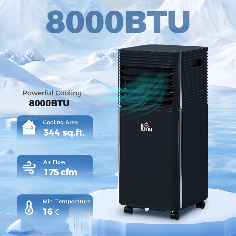 HOMCOM 8000 BTU Portable Air Conditioner with Fan & Dehumidifier Mode, Quiet AC Unit with Remote Control, 24-Hour Timer, Black