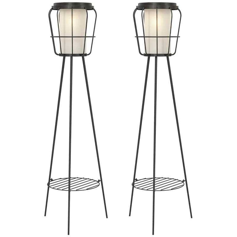 Outsunny Set of 2 Solar or USB Rechargeable Lamp Set LED Accent Lantern Light with Bottom Shelf for Garden Porch Lawn