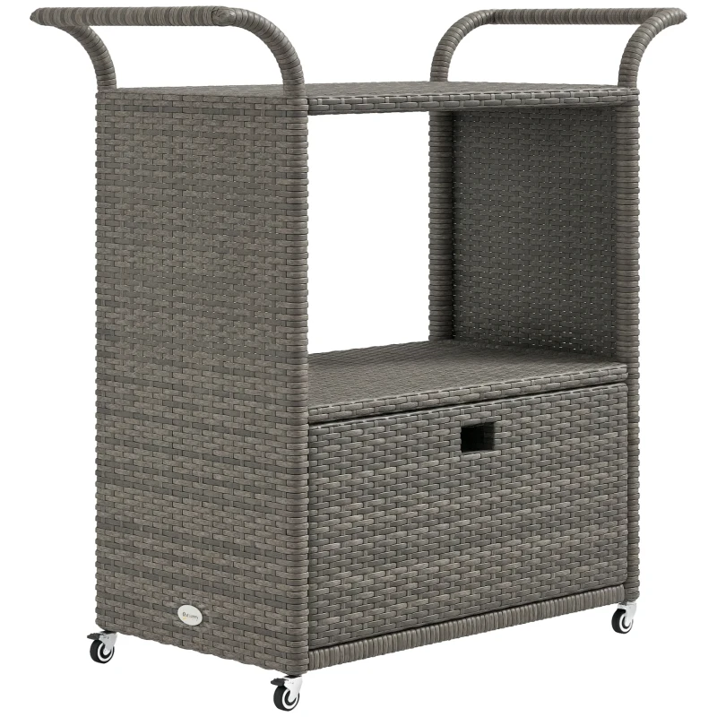 Outsunny Patio PE Wicker Garden Serving Cart with 2-Tier Shelf, Outdoor Wheeled Rattan Food Cart with Drawer, Handles, for Poolside, Garden, Mixed Grey