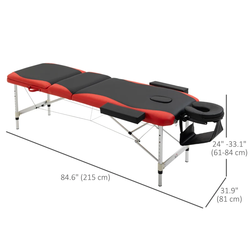 HOMCOM 85" 3 Section Foldable Massage Table Professional Salon Spa Facial Couch Bed (Black/Red)