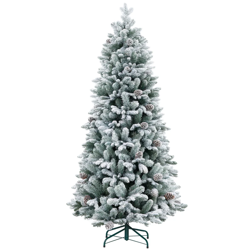 HOMCOM 6ft Flocked Artificial Christmas Tree with 1489 Snow Tips, Pinecones, Metal Stand, Hinged Xmas Tree for Home