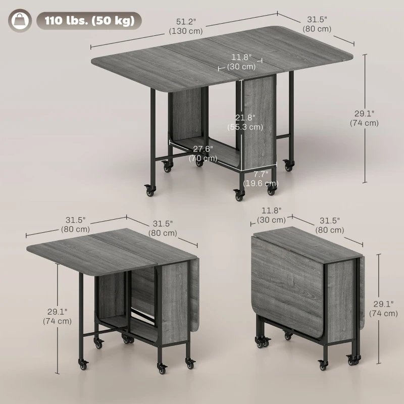 HOMCOM Folding Dining Table, Extendable Kitchen Table for Small Spaces with Storage Shelf and 6 Wheels, Distressed Grey