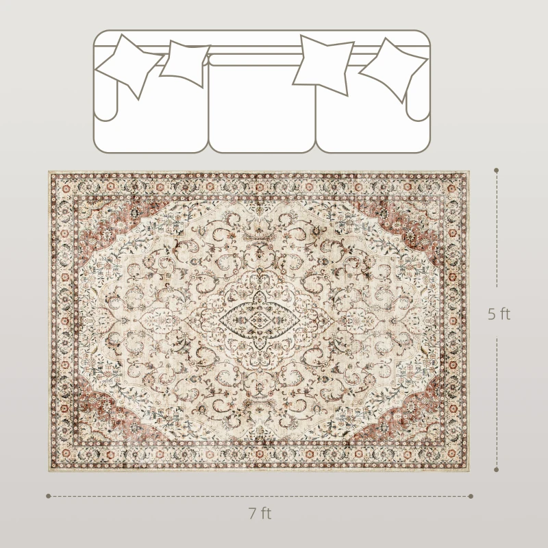 HOMCOM Area Rug 5x7, Machine Washable Rug, Non-Slip Classical Floral Print Floor Carpet for Living Room, Bedroom, Mixed-Brown