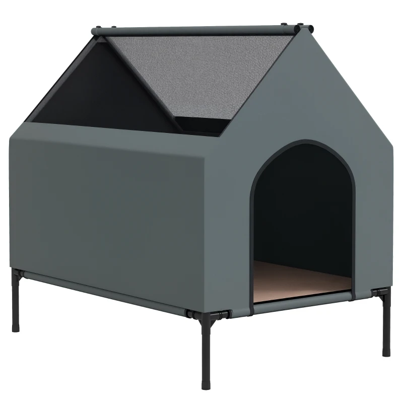 PawHut Dog House Outdoor Elevated Dog Bed with Removable Cover, Mesh Windows, Storage Bag, for S and M-Sized Dogs, Grey