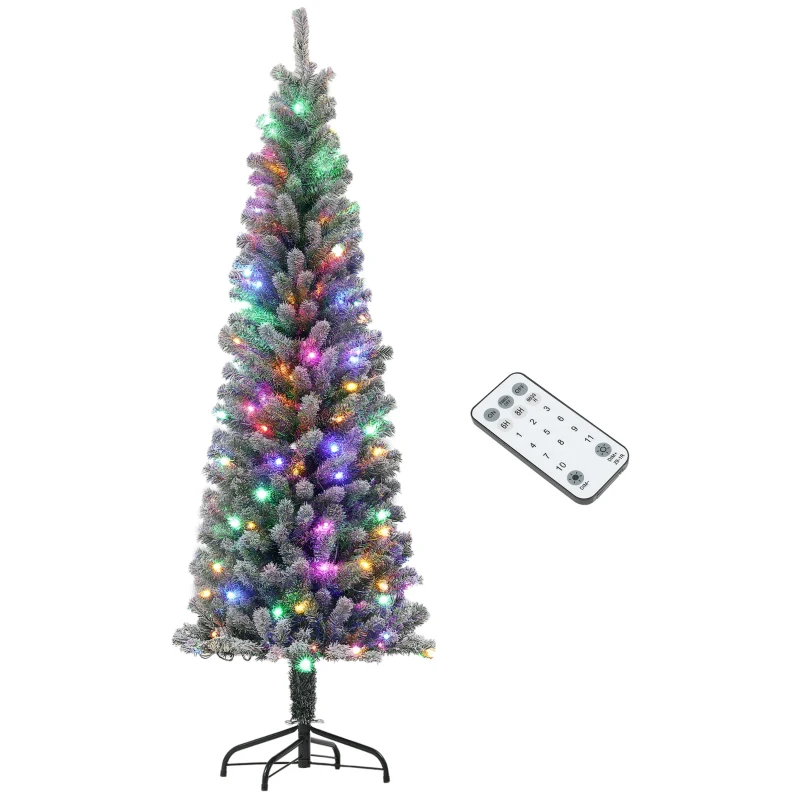 HOMCOM 6ft Prelit Pencil Artificial Christmas Tree, Flocked Xmas Tree with Remote, Dual Colour LEDs, 429 Tips, Metal Stand