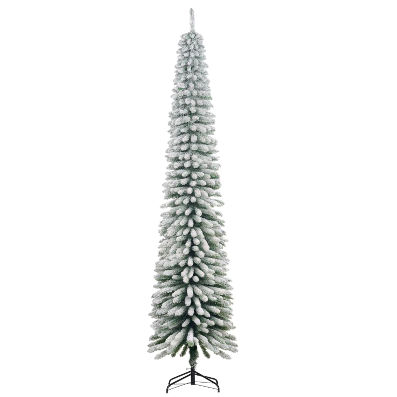 HOMCOM 9ft Snow-Flocked Artificial Christmas Tree, Slim Pencil Xmas Tree with 714 Realistic Branches, Metal Base, Green