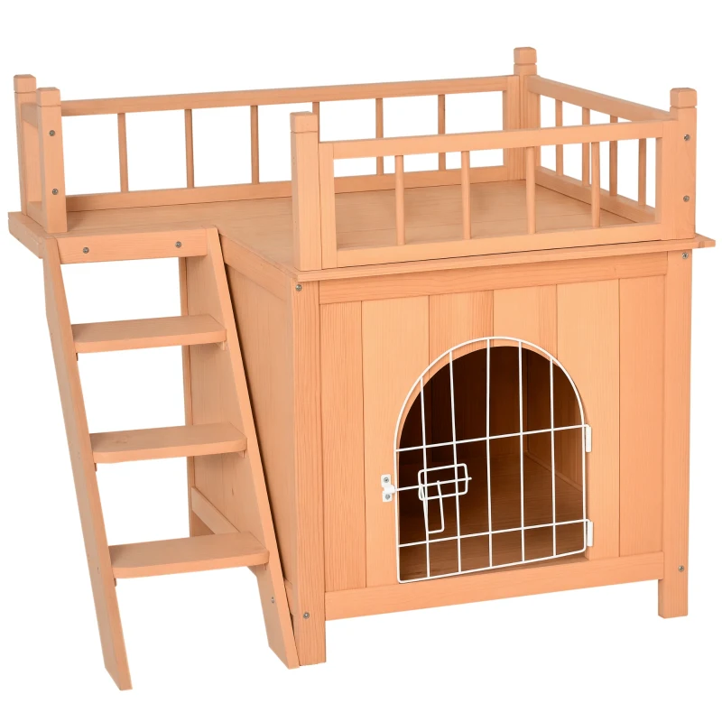 PawHut 2-Story Pet House for Cats Miniature Sized Dogs, Wooden Kitten Shelter with Enclosure, Balcony, Lockable Gate, Stairs, Natural