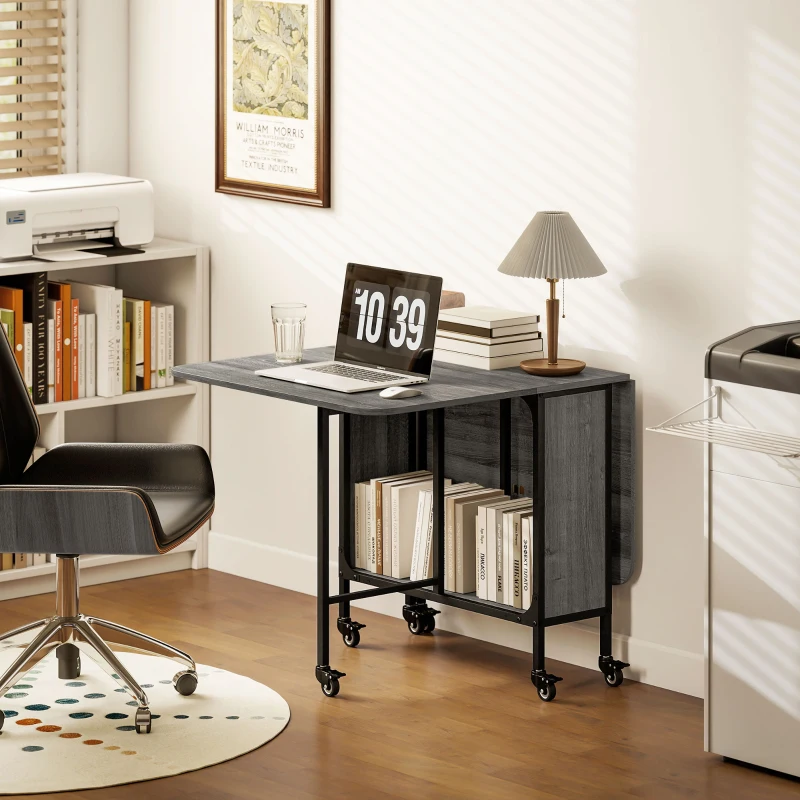 HOMCOM Folding Dining Table, Extendable Kitchen Table for Small Spaces with Storage Shelf and 6 Wheels, Distressed Grey