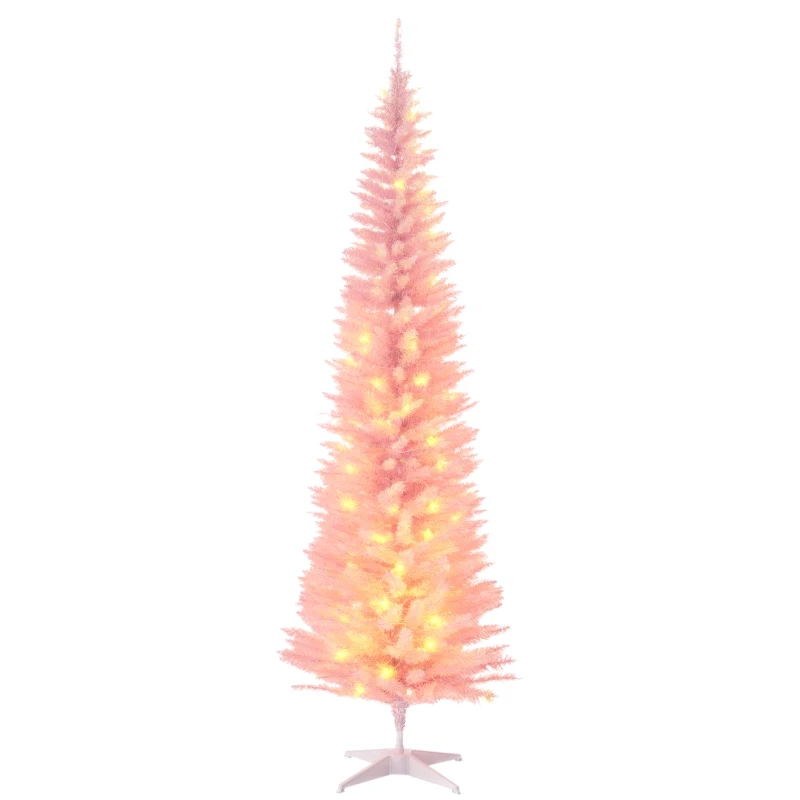 HOMCOM 7' Pre Lit Artificial Pencil Christmas Trees, Xmas Tree with Realistic Branches and Warm White LED Lights, Pink