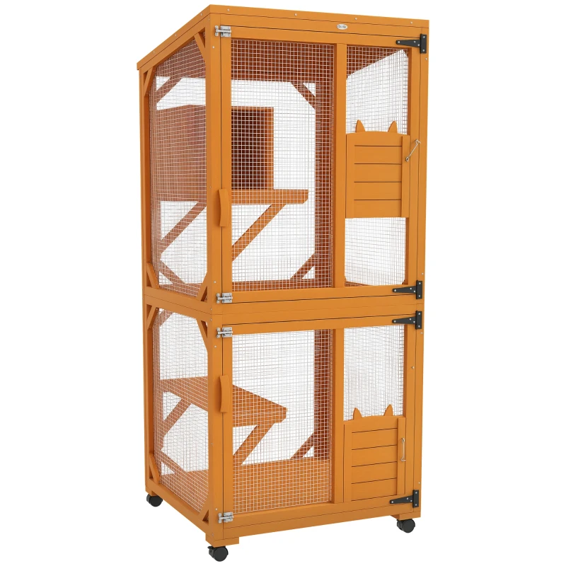 PawHut Catio Outdoor, Elevated Design, with Wheels, Resting Box, Water-Resistant, Multi Platforms, Orange