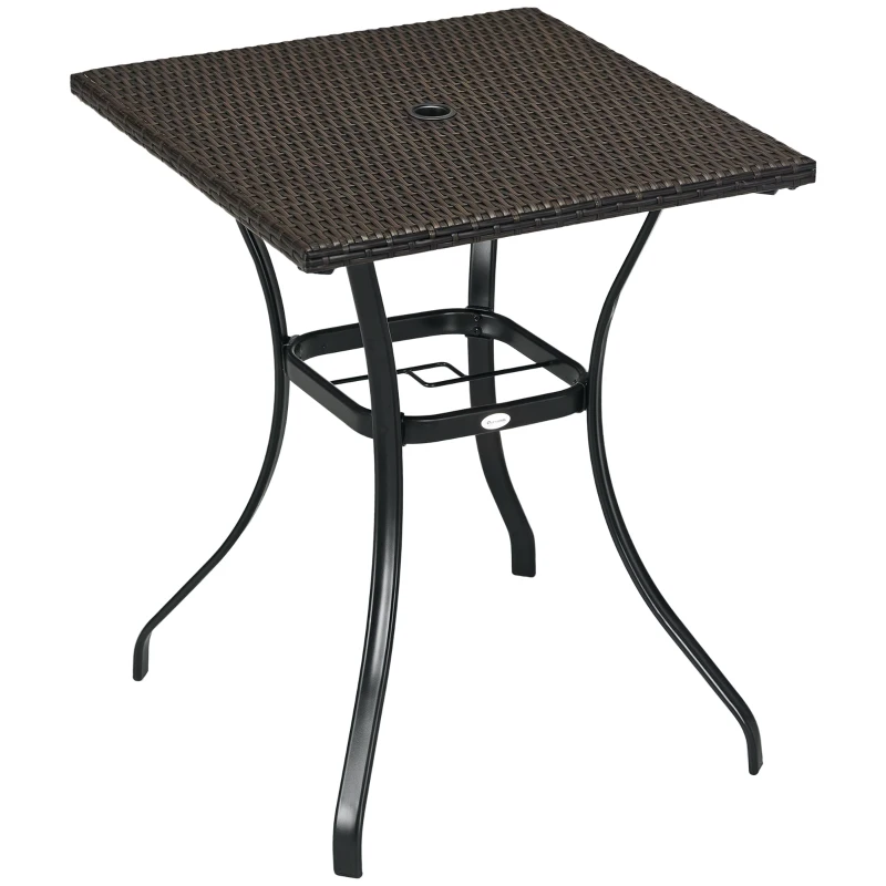 Outsunny Patio Wicker Dining Table with Umbrella Hole, 34 Inch Outdoor PE Rattan Coffee Table with Plastic Board Under the Woven Table Top for Patio, Garden, Balcony, Mixed Brown