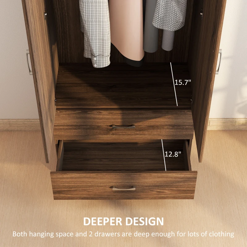 HOMCOM Wardrobe Closet Armoire with Hanging Rod and 2 Doors, Clothes Storage Organizer with 2 Drawers for Bedroom, Walnut