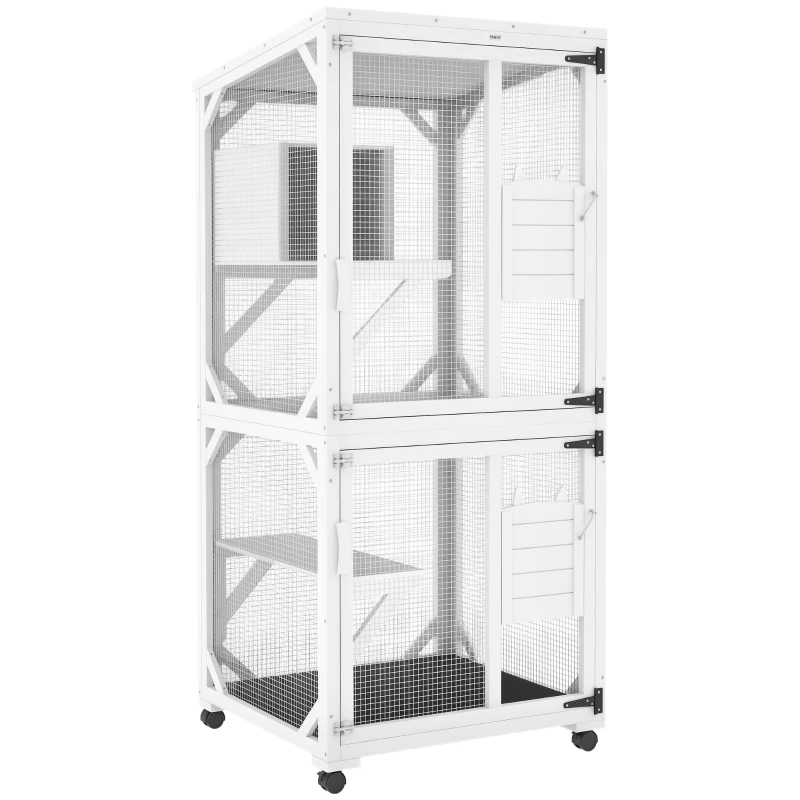 PawHut Catio Outdoor, Elevated Design, with Wheels, Resting Box, Water-Resistant, Multi Platforms, White