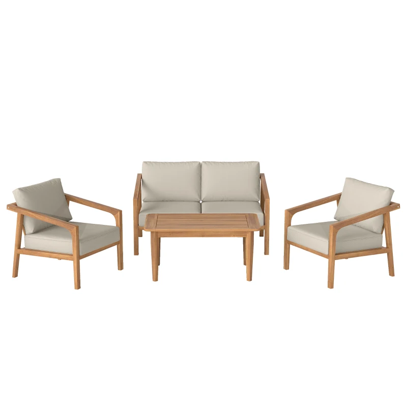Outsunny 4 Pieces Acacia Wood Patio Furniture Set, Outdoor Sofa Conversation Set w/ Thickened Cushions for Backyard Garden, Teak