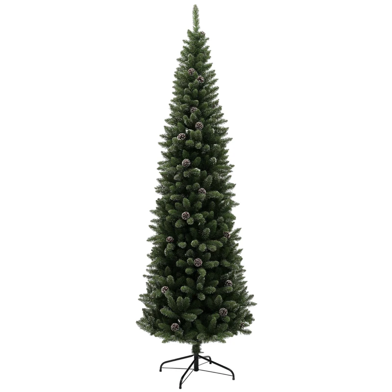HOMCOM 7.5ft Artificial Pencil Christmas Tree with 980 Branches, Pinecones, Metal Stand, Realistic Xmas Tree for Home