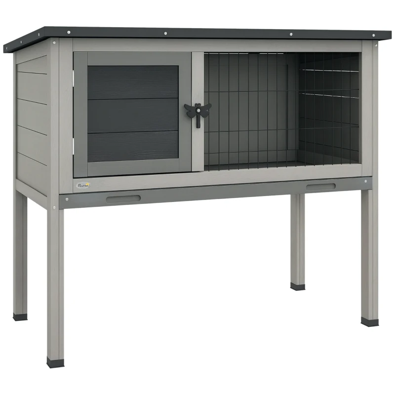 PawHut Wooden Rabbit Hutch with Openable Asphalt Roof, Tray, Grey