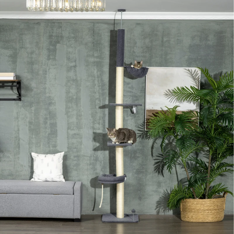 PawHut Floor To Ceiling Cat Tree, 5-Tier Cat Climbing Tower, 95''-106'' Height Adjustable with Carpeted Platforms, Cozy Bed, Hammock, Scratching Post & Toy Ball for Indoor Cats, Dark Gray and Cream