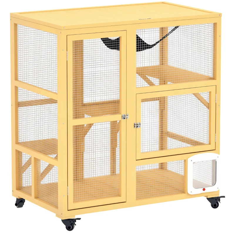 PawHut Cat Condo Wooden Indoor Cat House on Wheels with Cat Flap Door Platforms Hammock Openable Top for 2 Cats, Yellow
