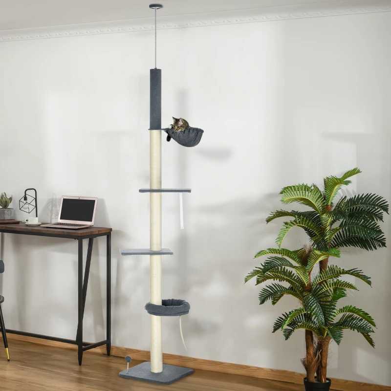 PawHut Floor To Ceiling Cat Tree, 5-Tier Cat Climbing Tower, 95''-106'' Height Adjustable with Carpeted Platforms, Cozy Bed, Hammock, Scratching Post & Toy Ball for Indoor Cats, Dark Gray and Cream