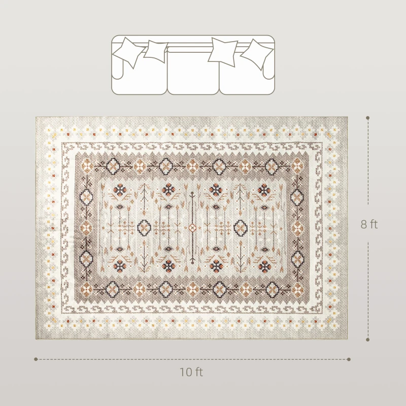 HOMCOM Machine Washable Area Rug 8x10, Non-Slip Boho Flannel Print Floor Carpet for Living Room, Bedroom, Dining Room, Brown