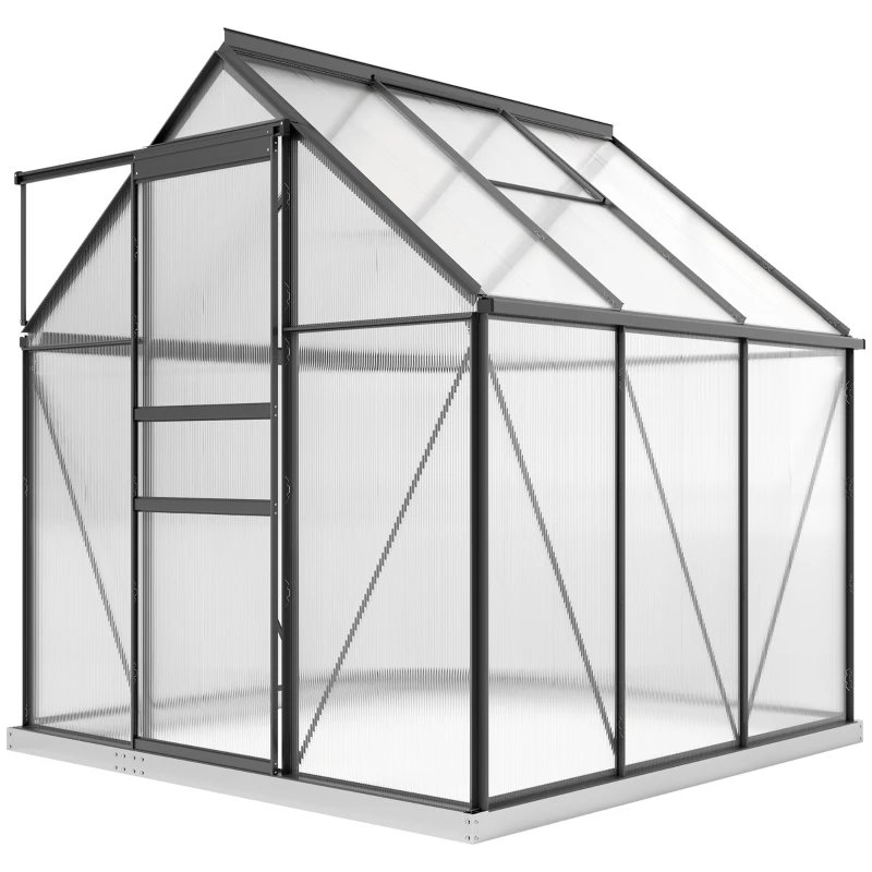 Outsunny 6' x 6' x 6.5' Polycarbonate Greenhouse, Walk-in Green House with Adjustable Roof Vent Galvanized Base Sliding Door Rain Gutter for Outdoor Garden Backyard, Grey